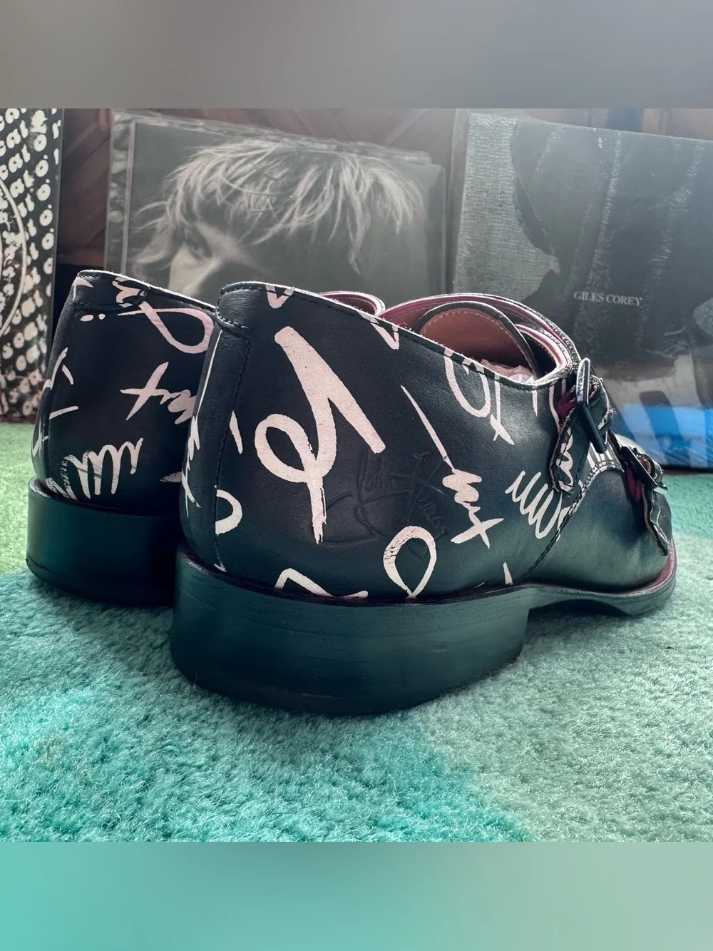 Fluevog Twin Turbine 205 Pine Street black graphic print monk strap shoe -M8/W10